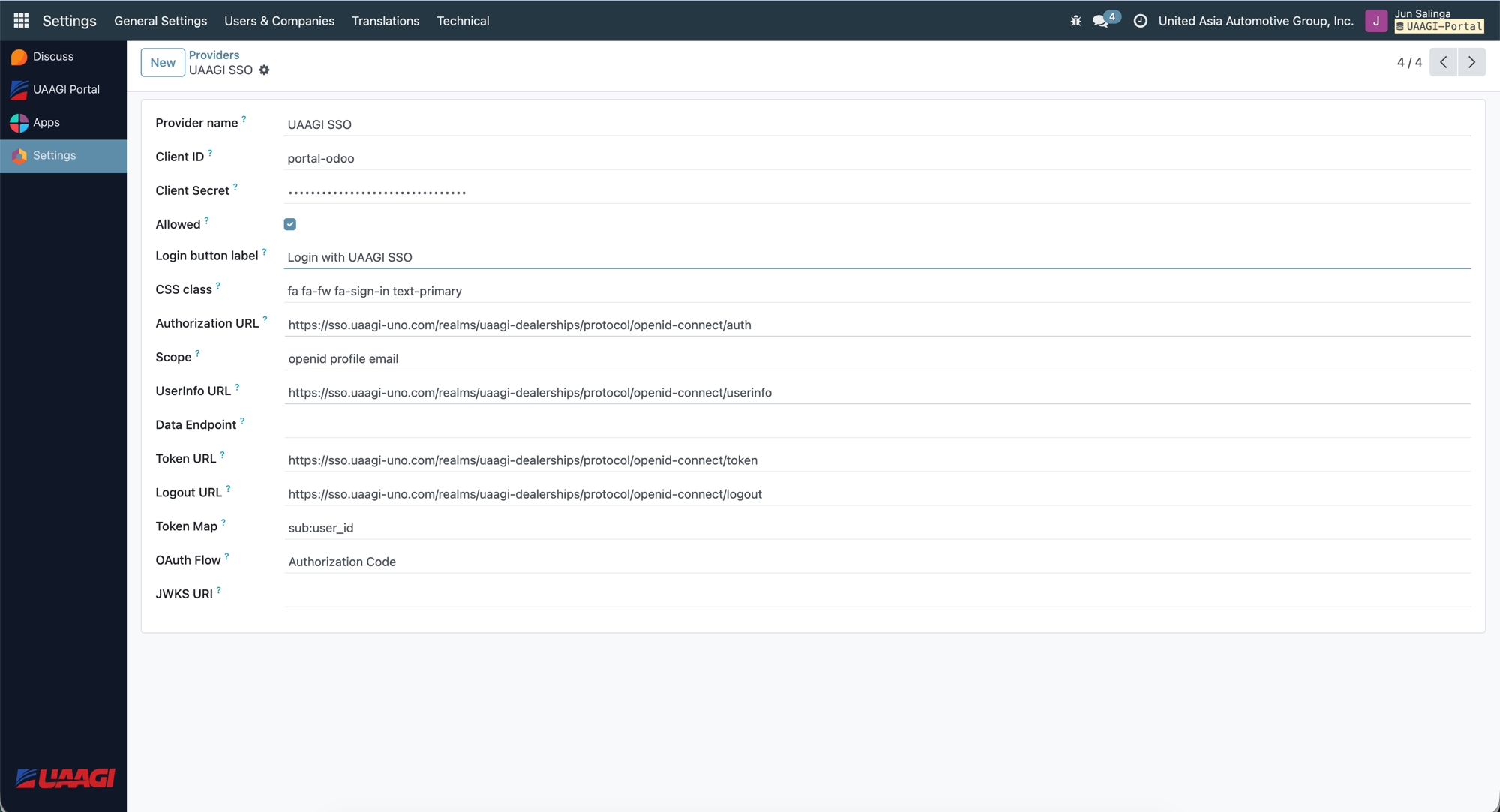 Odoo OAuth Provider form — UAAGI SSO