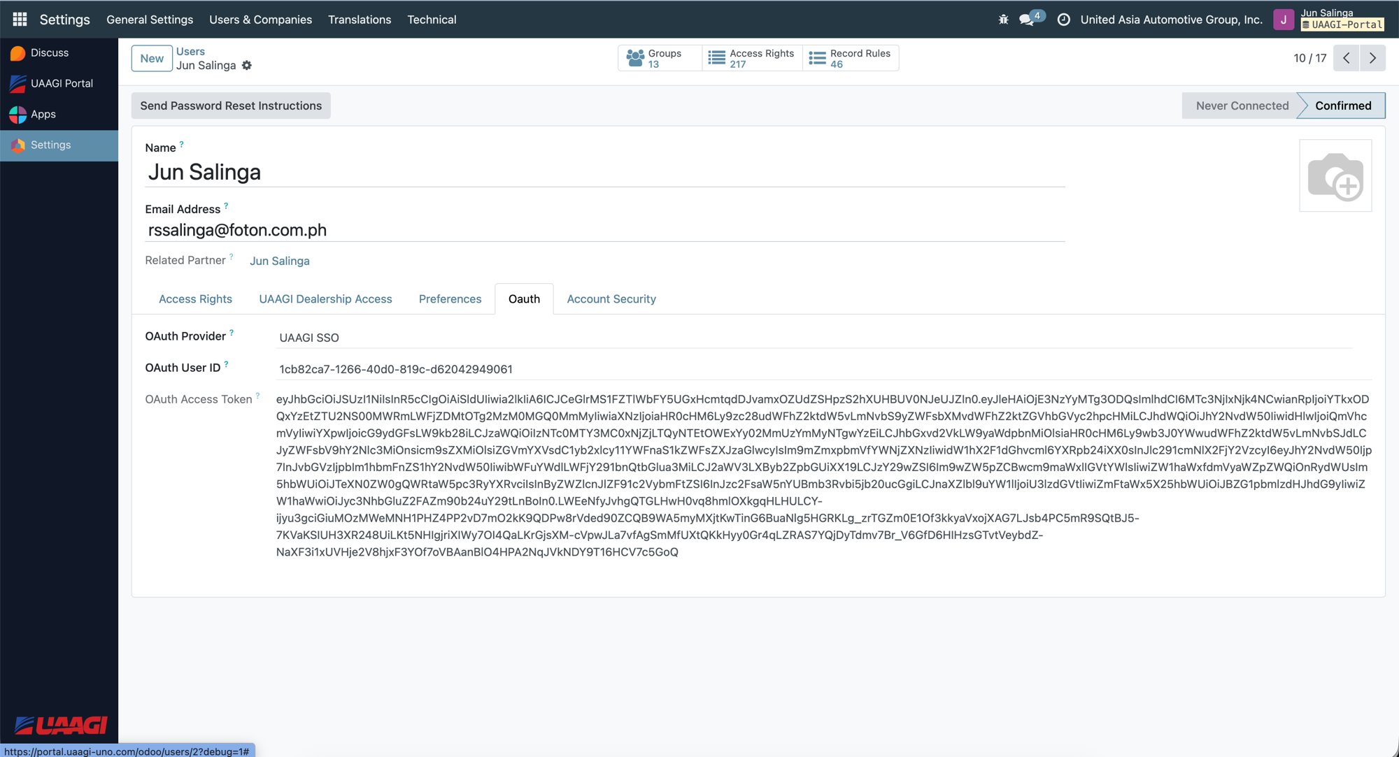 Odoo user form — OAuth tab