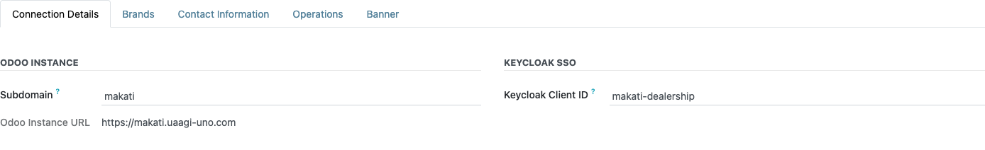 Dealership form — Connection Details tab