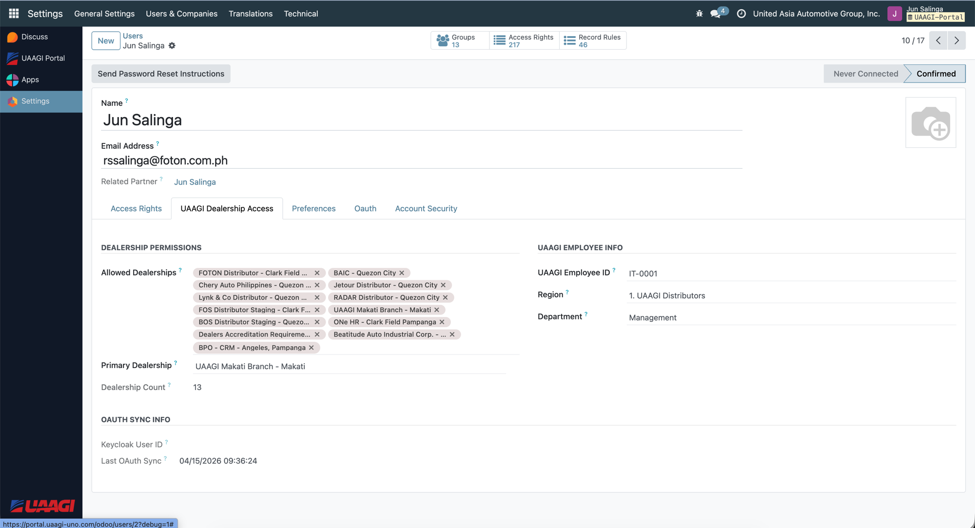 Odoo user form — UAAGI Dealership Access tab