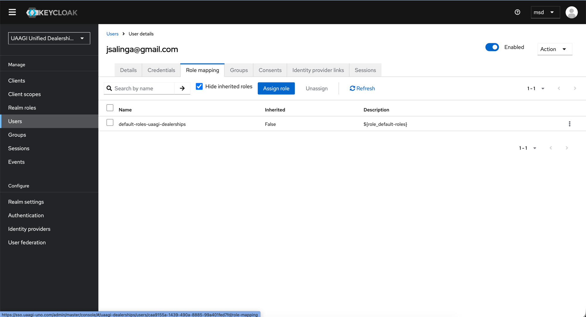 Keycloak user role mapping
