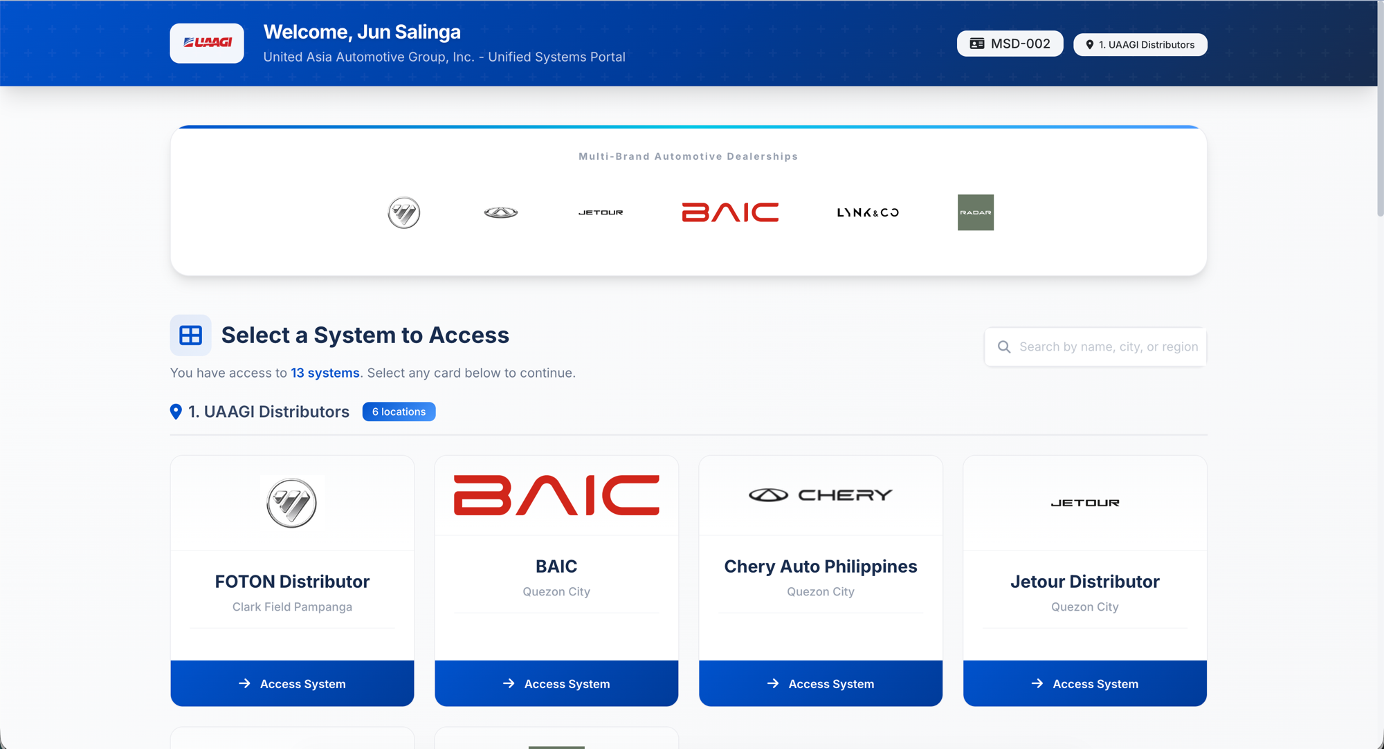 Dealership Portal after successful login