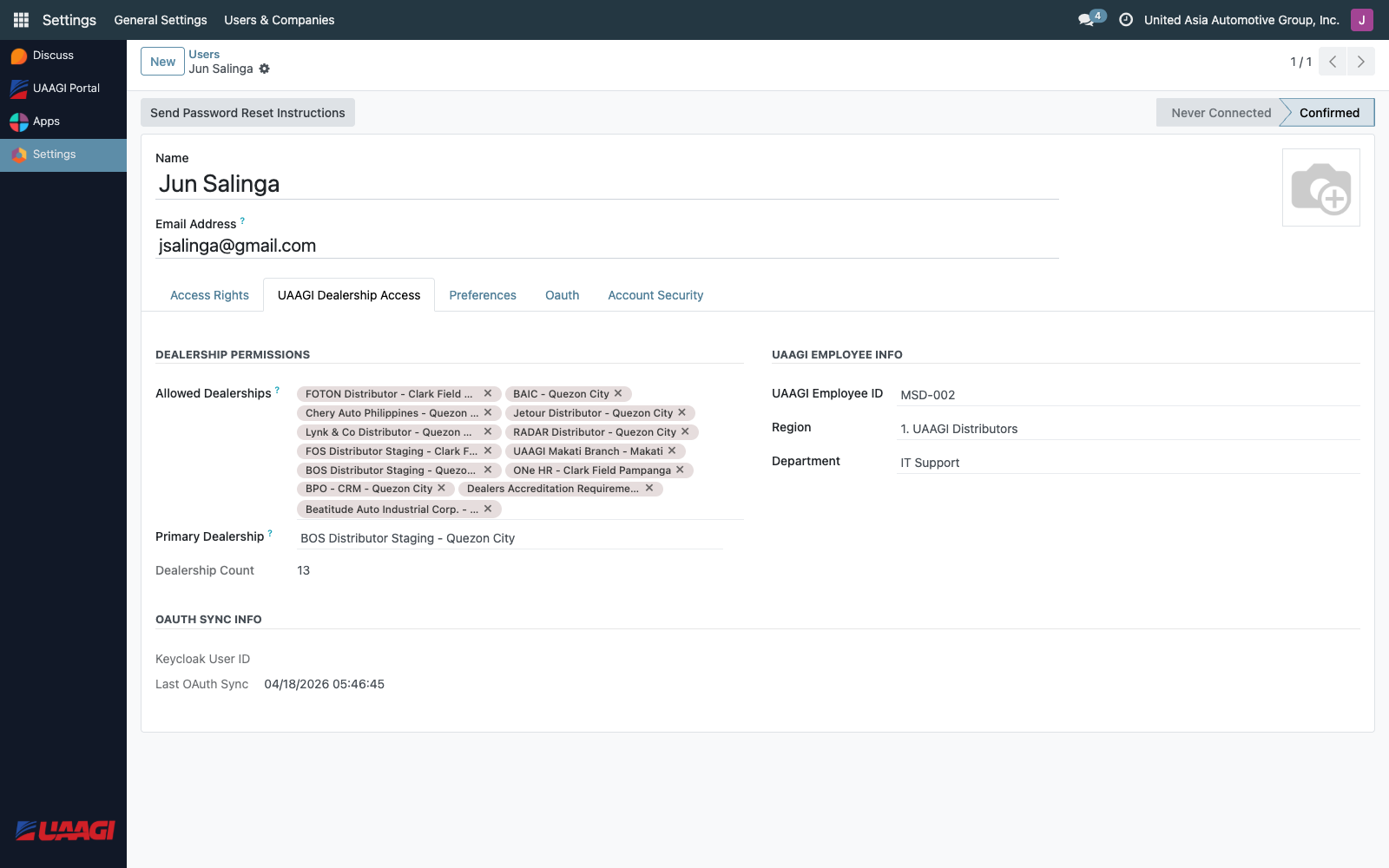 User form — UAAGI Dealership Access tab