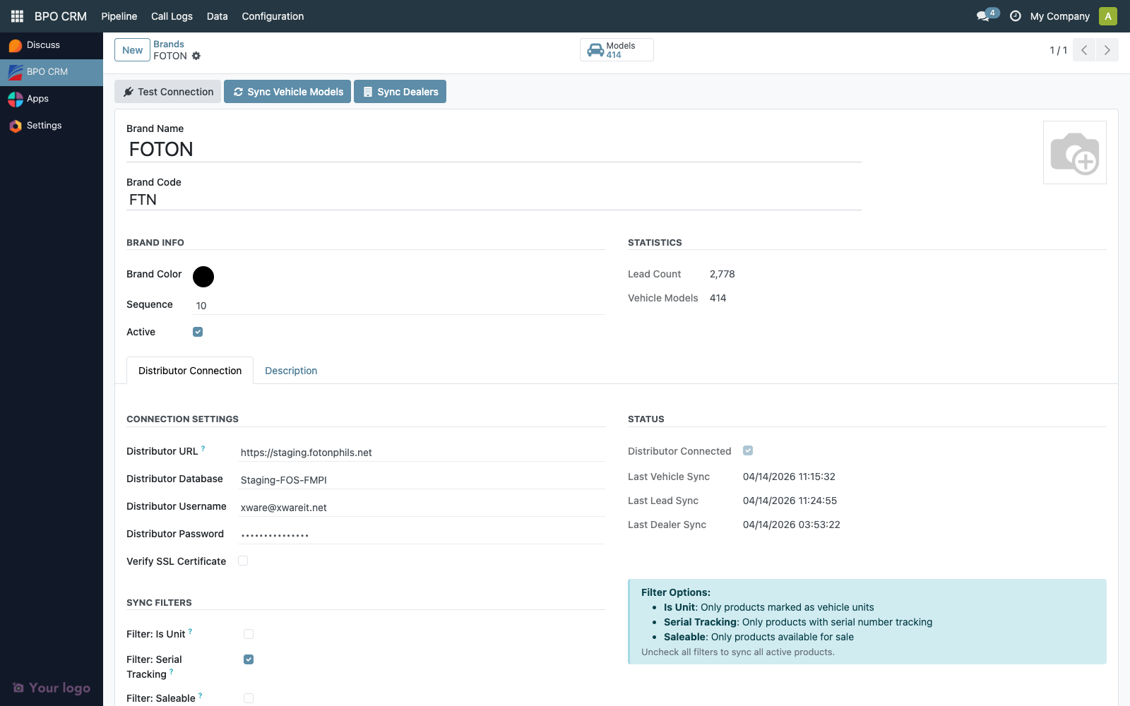 Brand distributor connection tab
