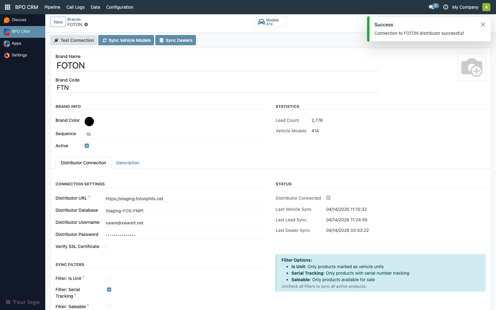 Test connection success toast