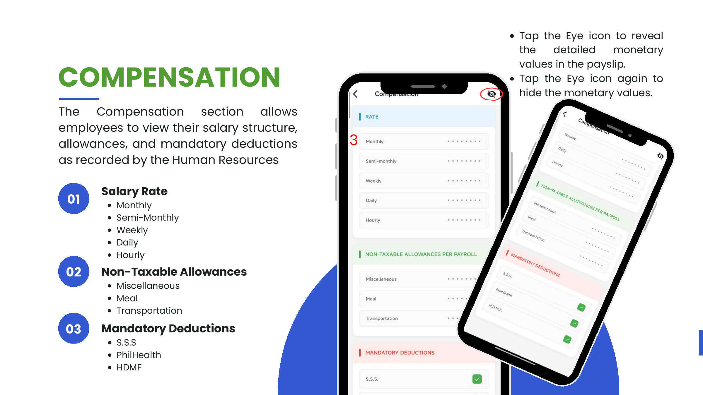 Compensation — Salary Rate, Non-Taxable Allowances, Mandatory Deductions with eye toggle