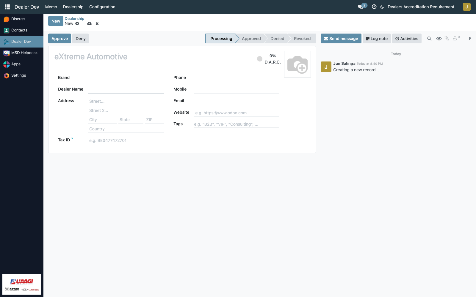 Dealership form — blank application