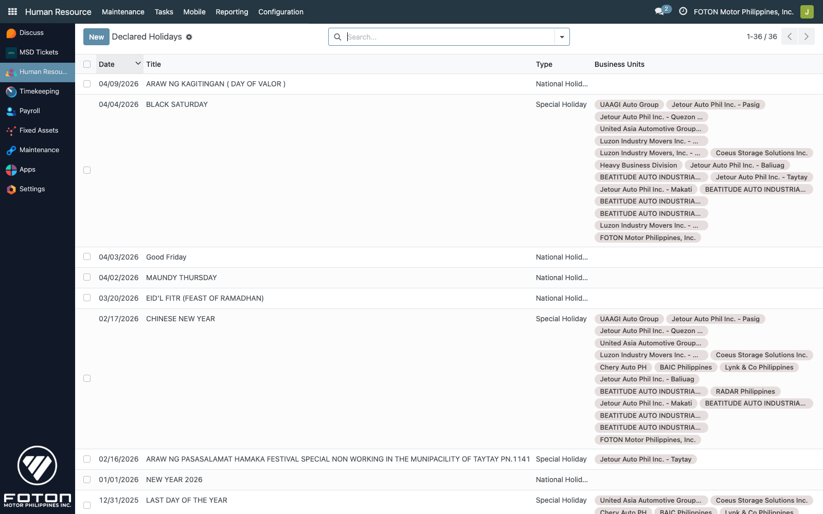 Declared Holidays list