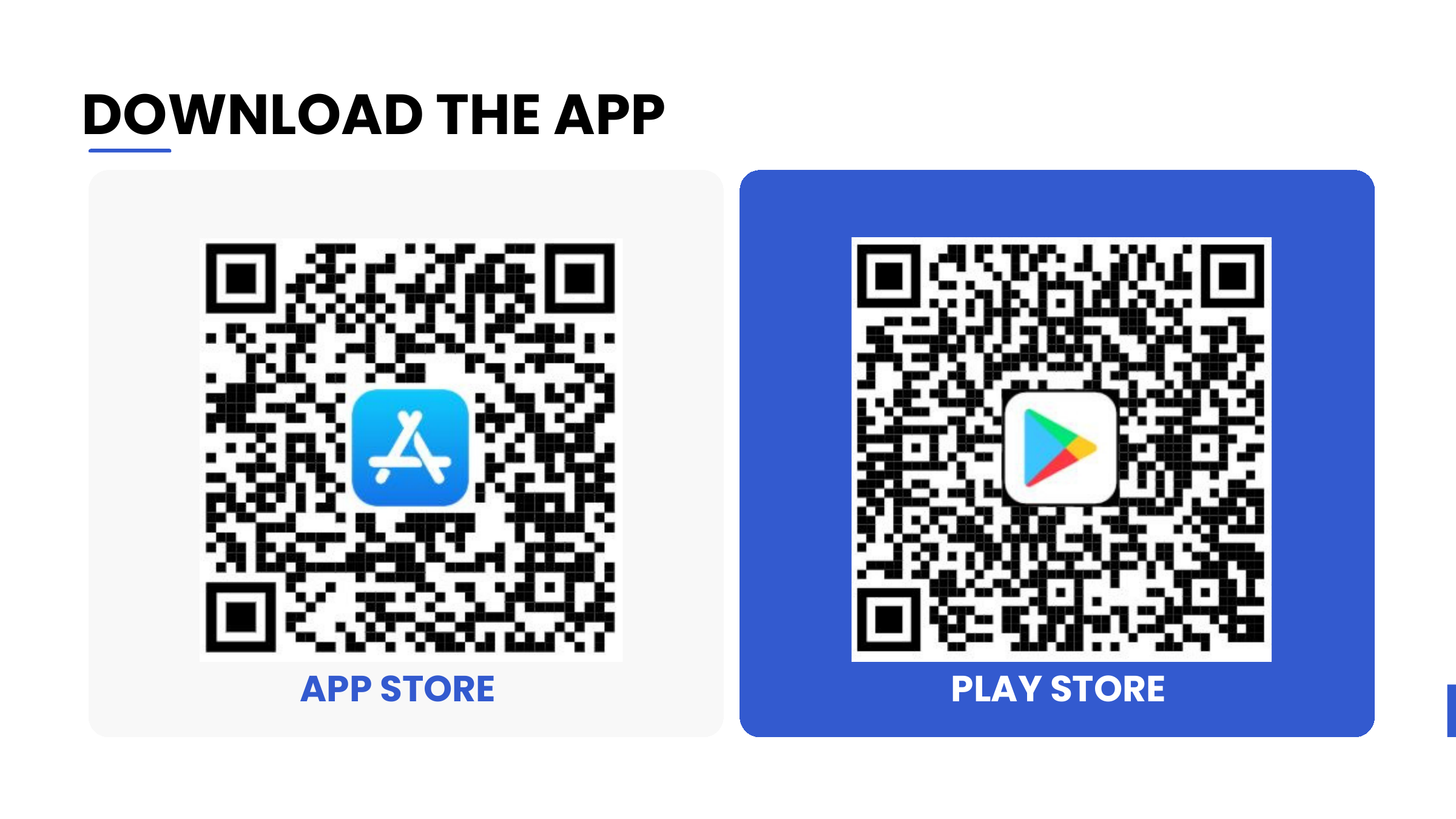 Download the app — App Store and Play Store QR codes