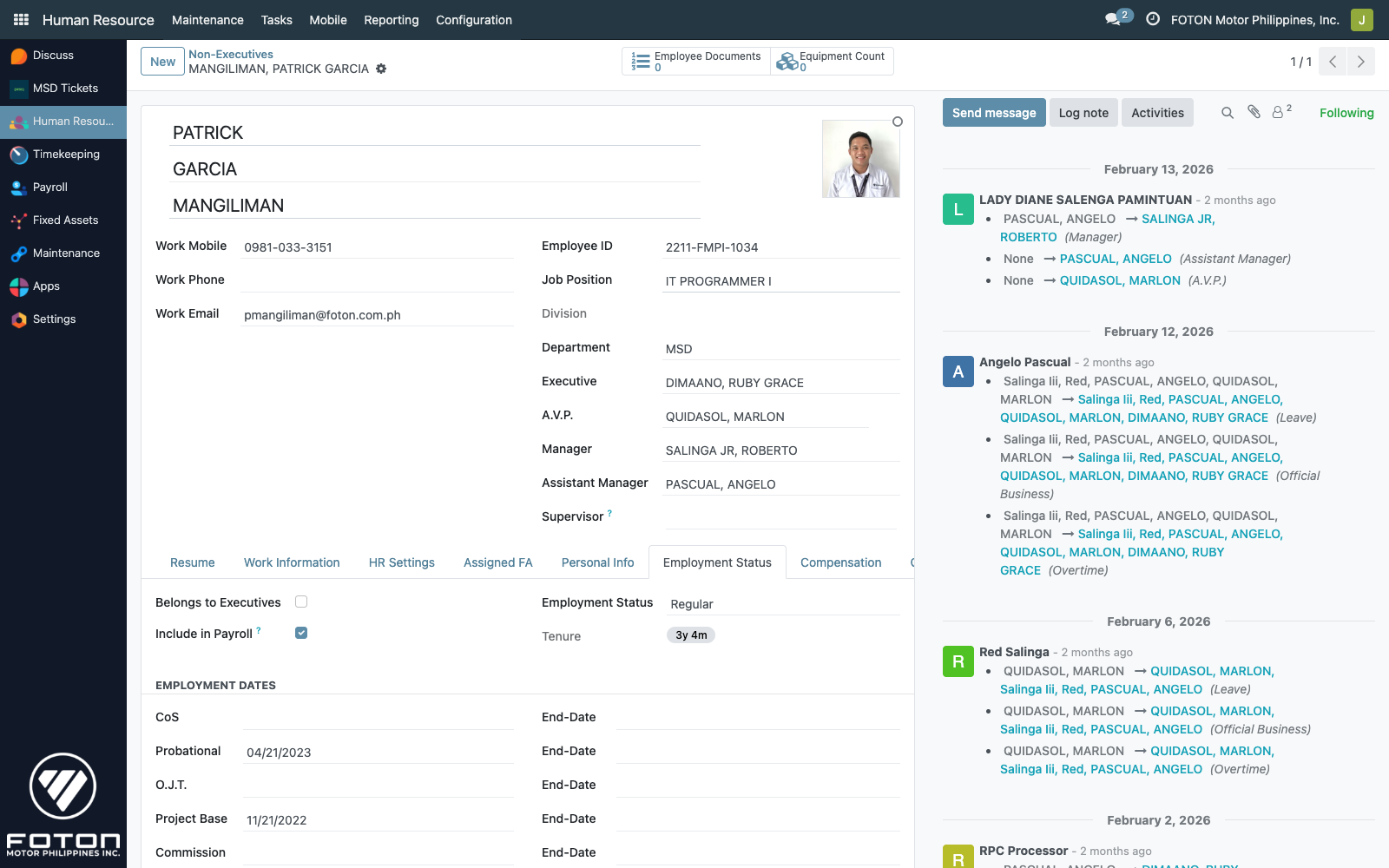 Employee form — Employment Status tab
