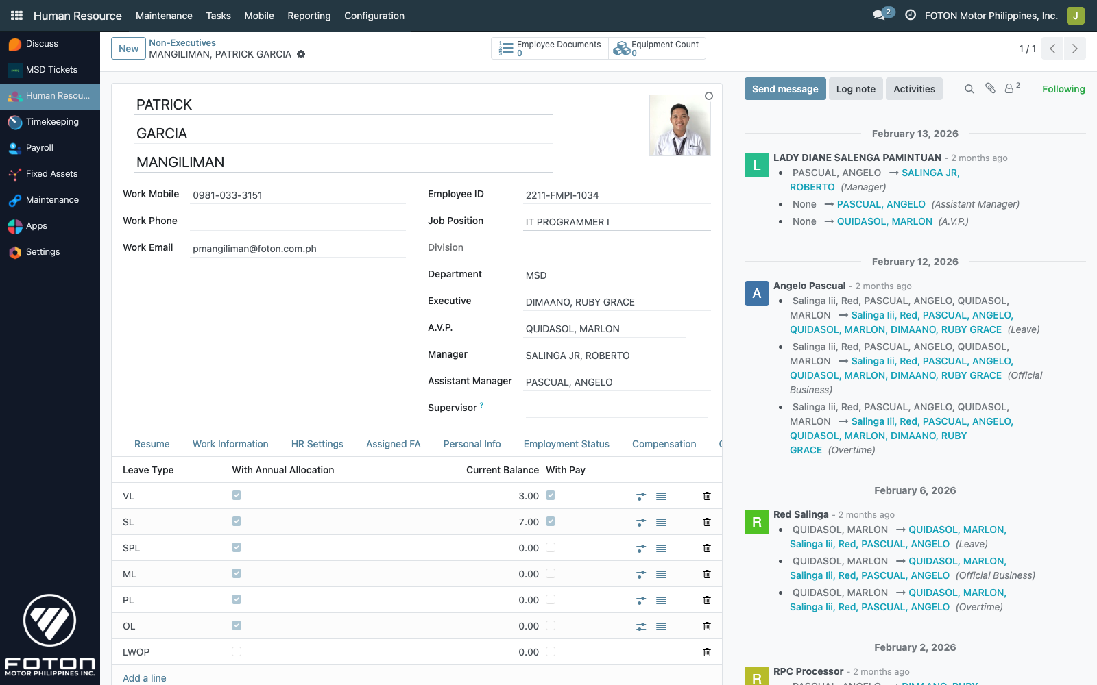 Employee form — Leaves tab