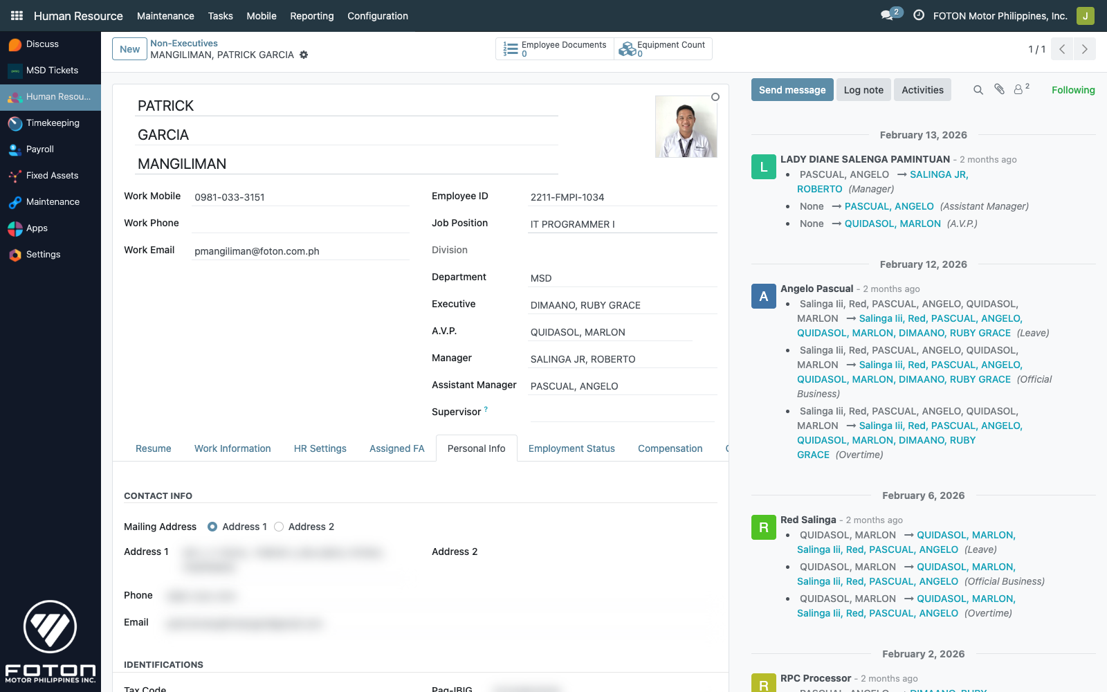 Employee form — Personal Info tab (blurred)