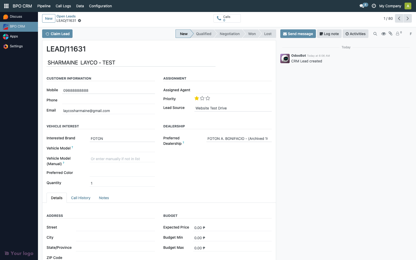 Lead form with Claim Lead button