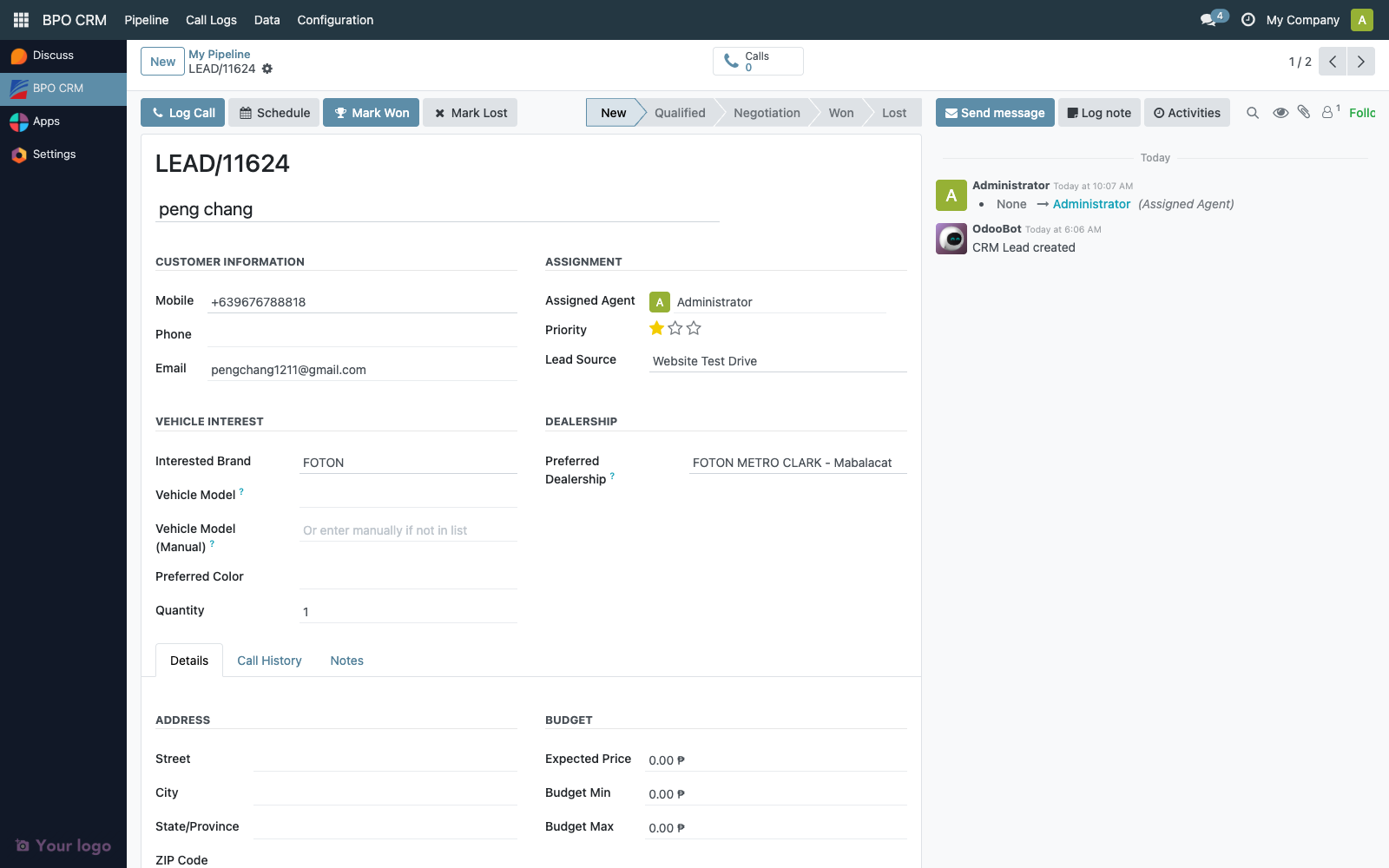Lead form header actions