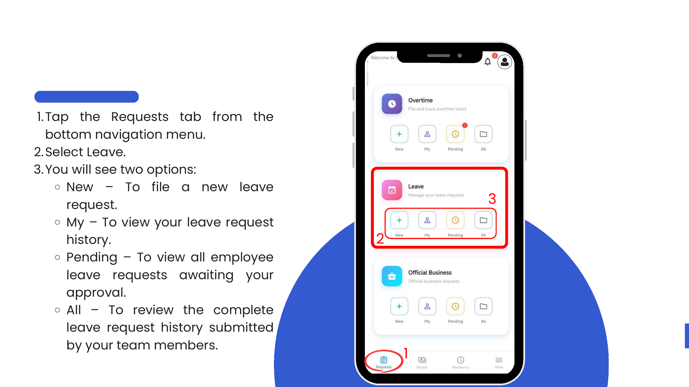 Leave card — New / My / Pending / All