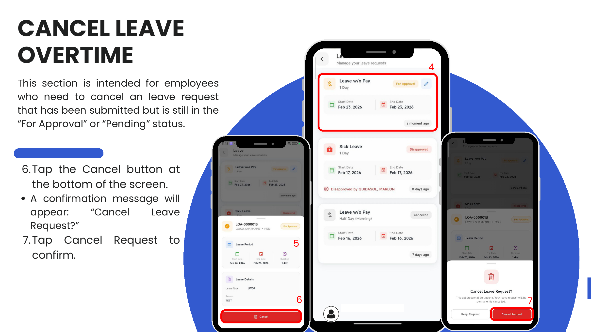 Cancel Leave — detail view → Cancel → confirm