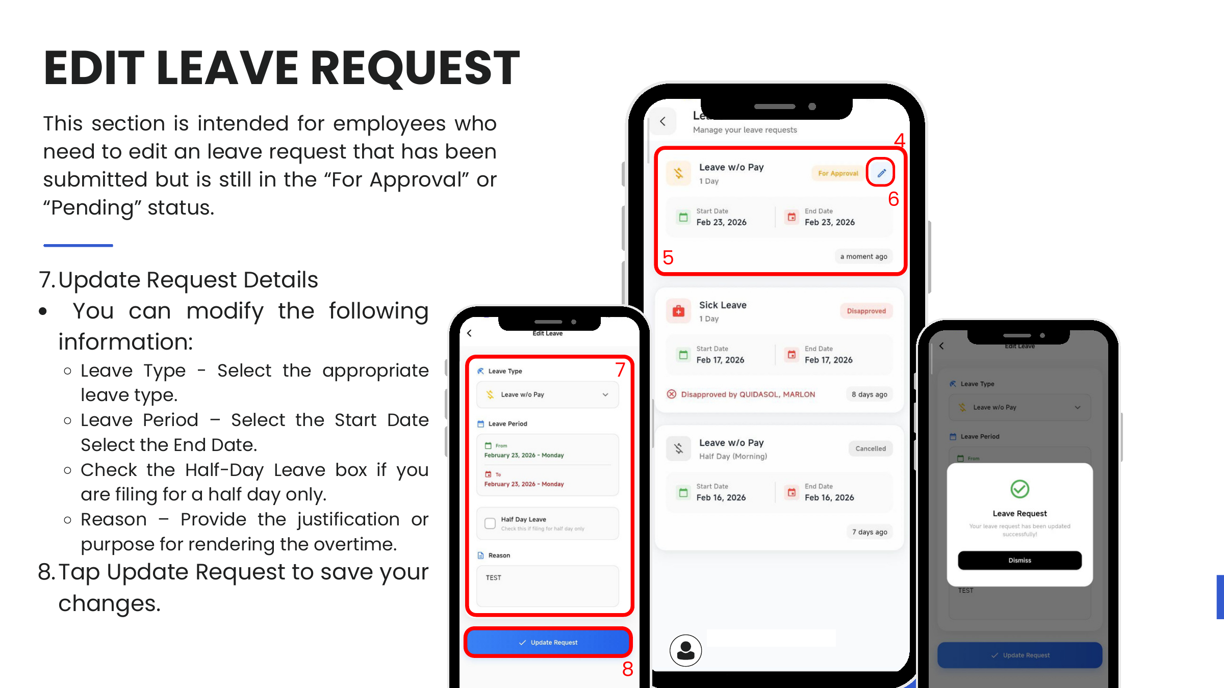 Edit Leave — pen icon → Edit Leave → Update Request