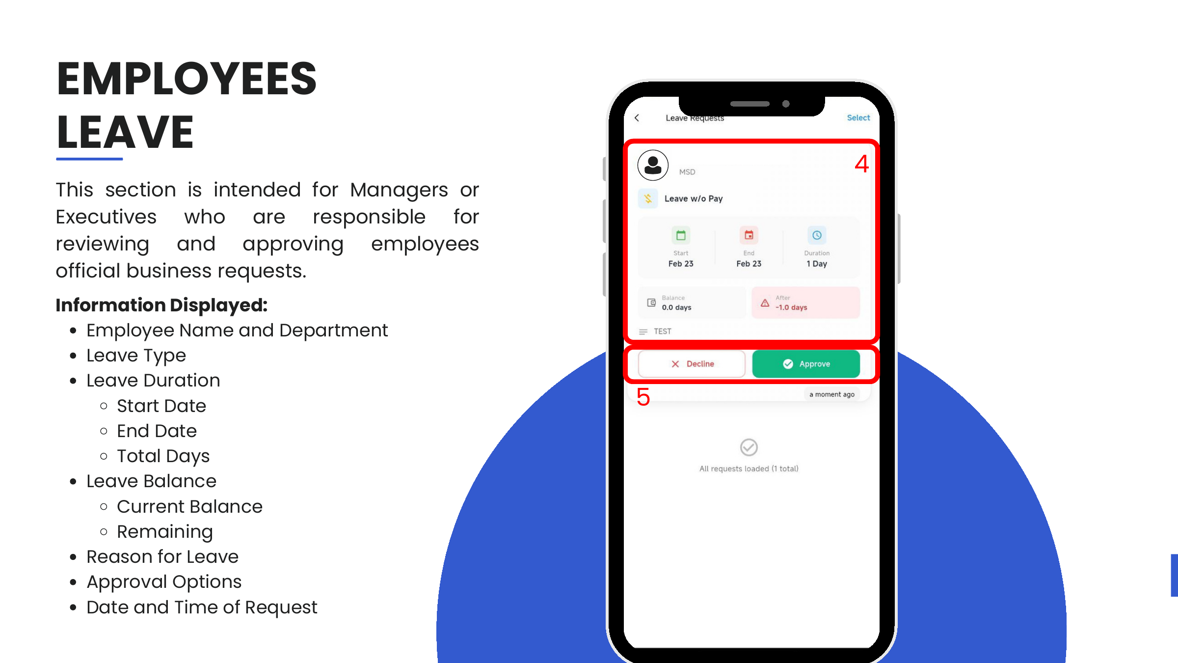 Employees Leave — balance before / after, Decline / Approve