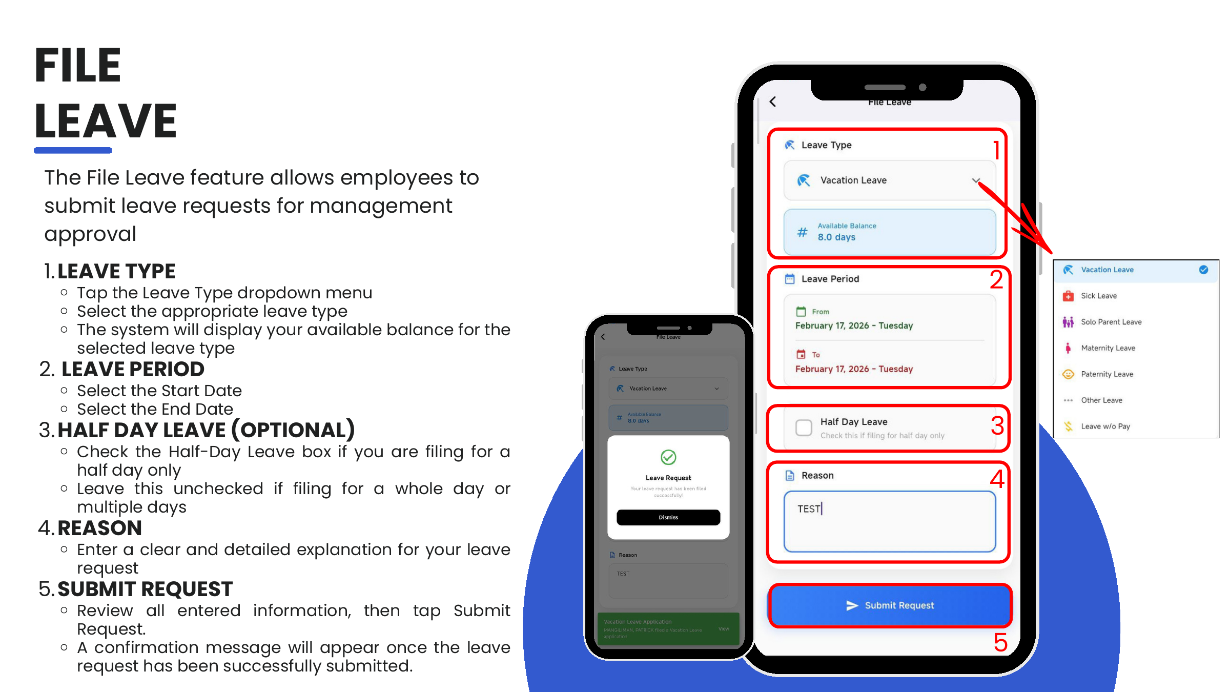 File Leave form — Leave Type, Period, Half Day, Reason, Submit Request