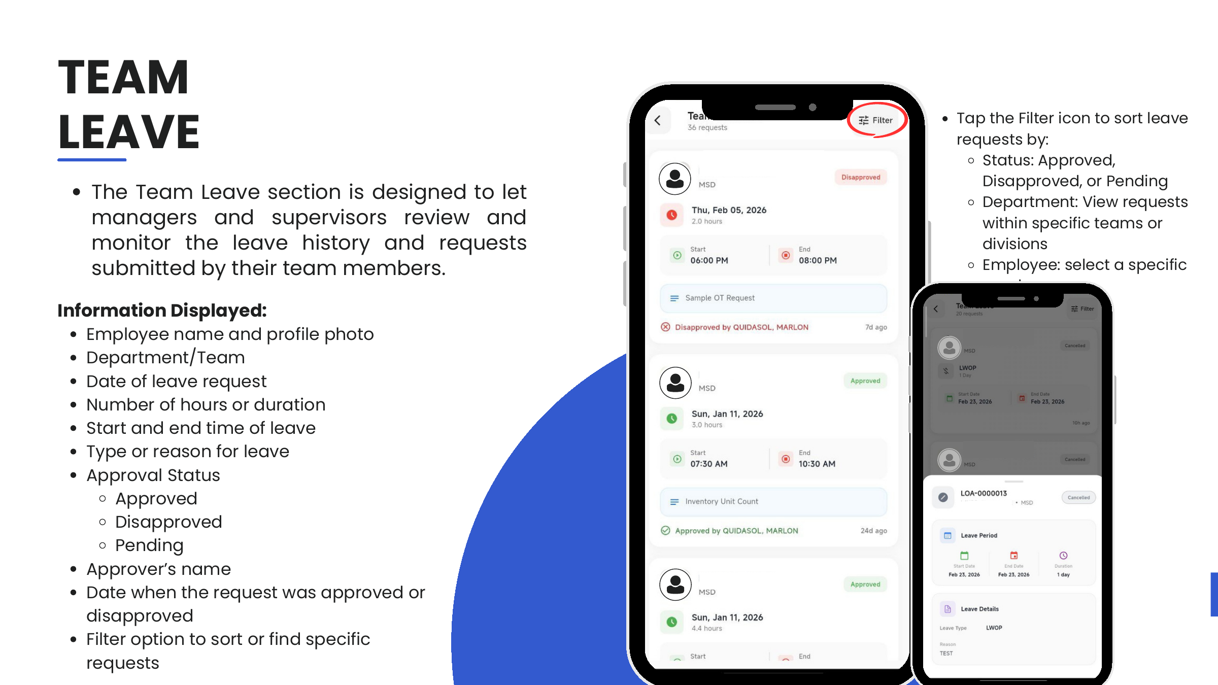Team Leave — filter by status, department, employee