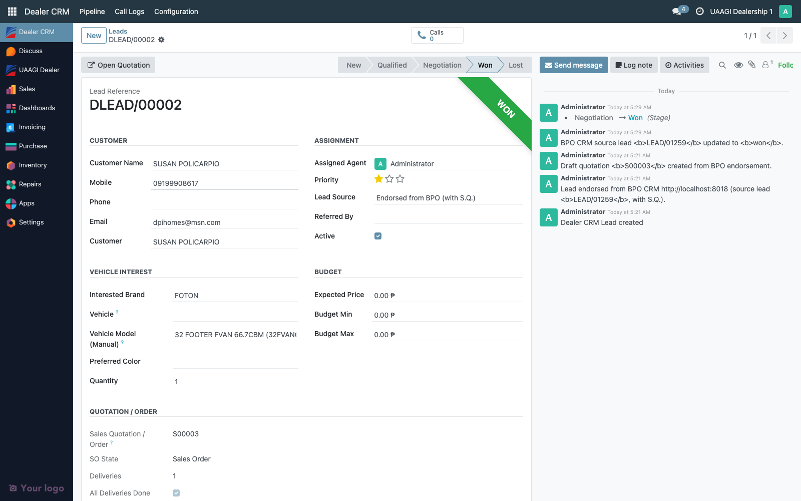 Mark Won on a delivered lead