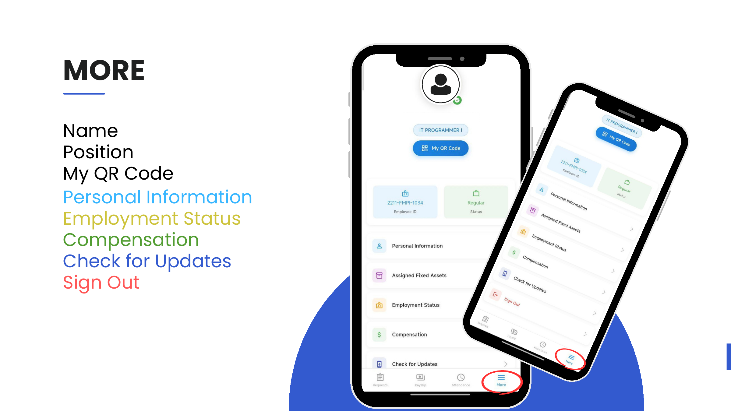 More tab — profile header with QR code and category list