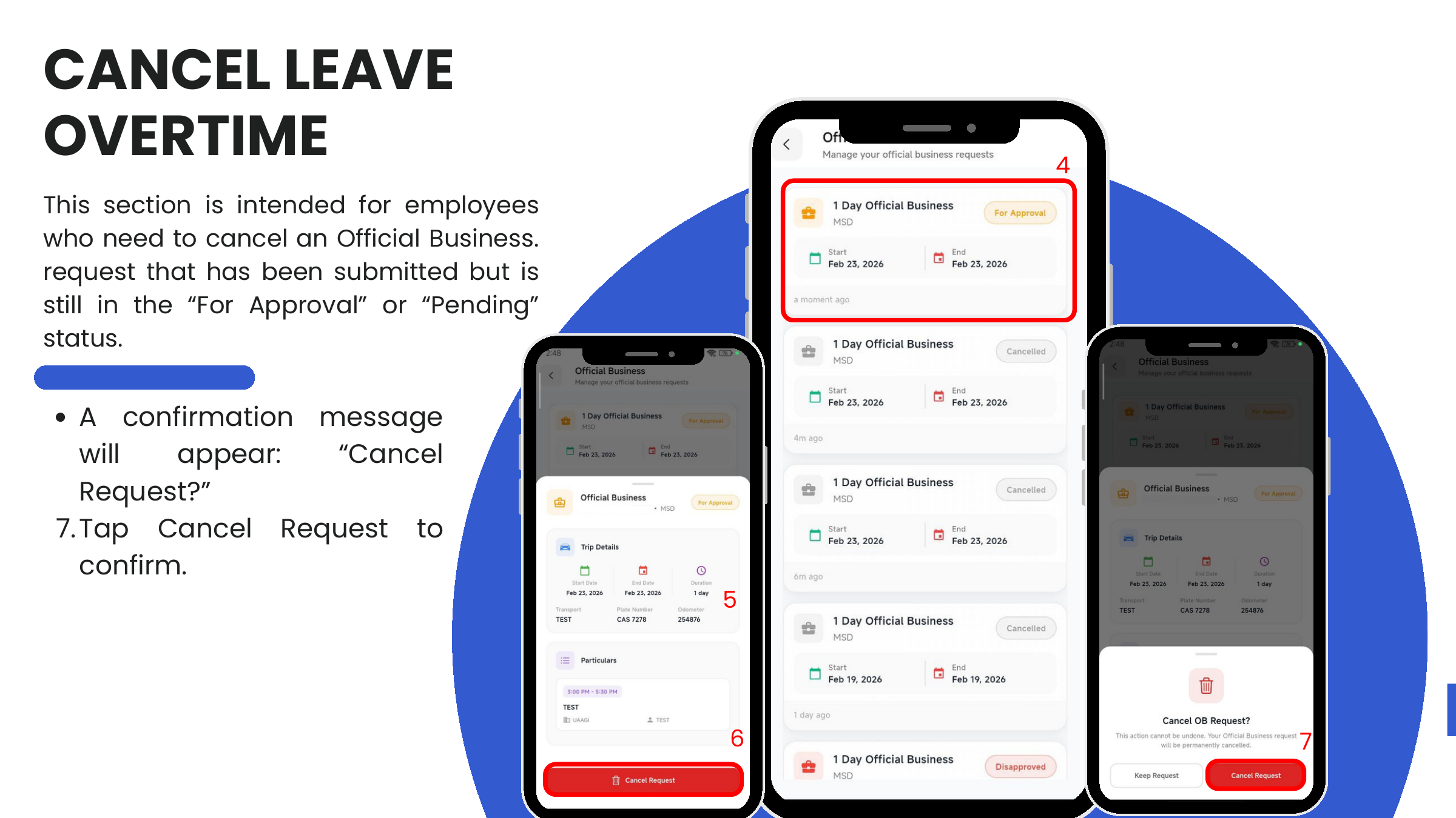 Cancel Official Business — Cancel Request → confirm