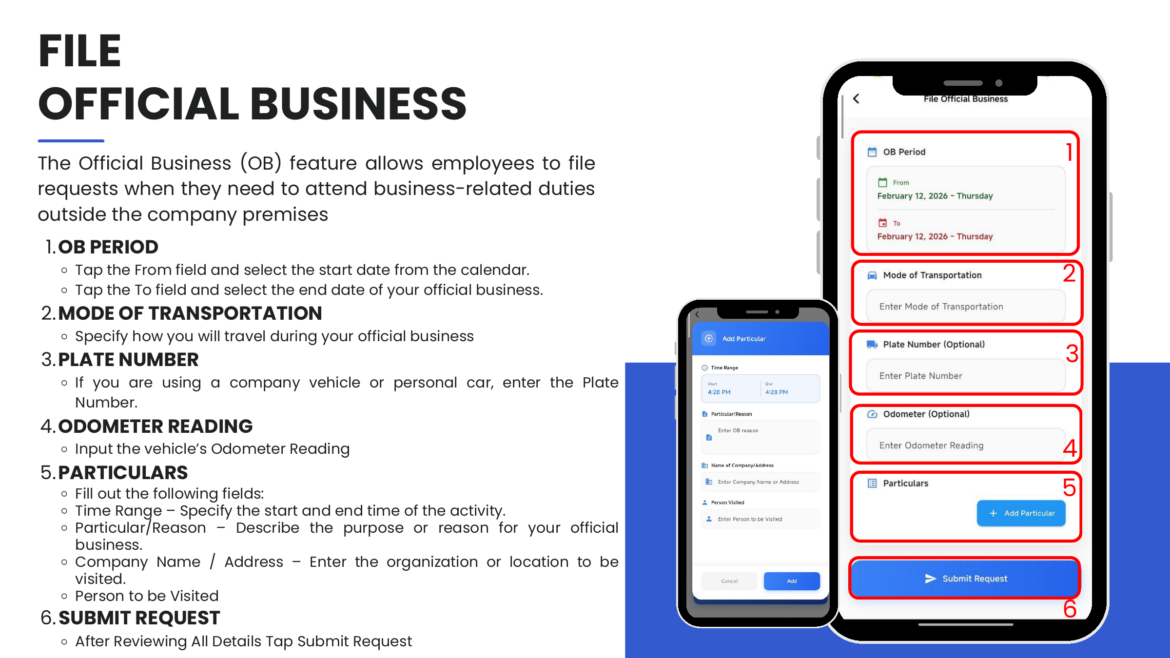 File Official Business form — OB Period, Mode of Transport, Plate, Odometer, Particulars