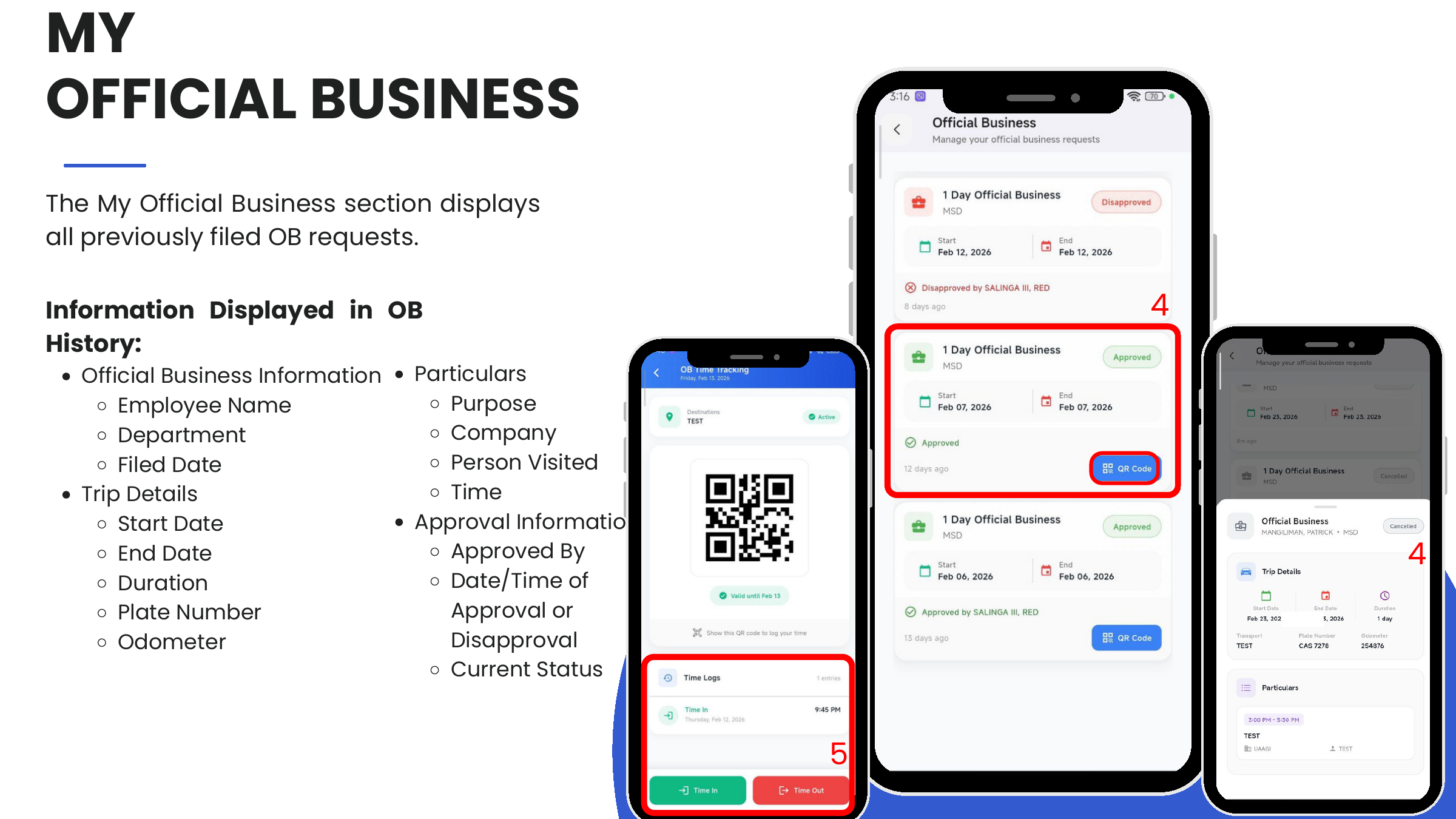 My Official Business — approved entries expose a QR Code button