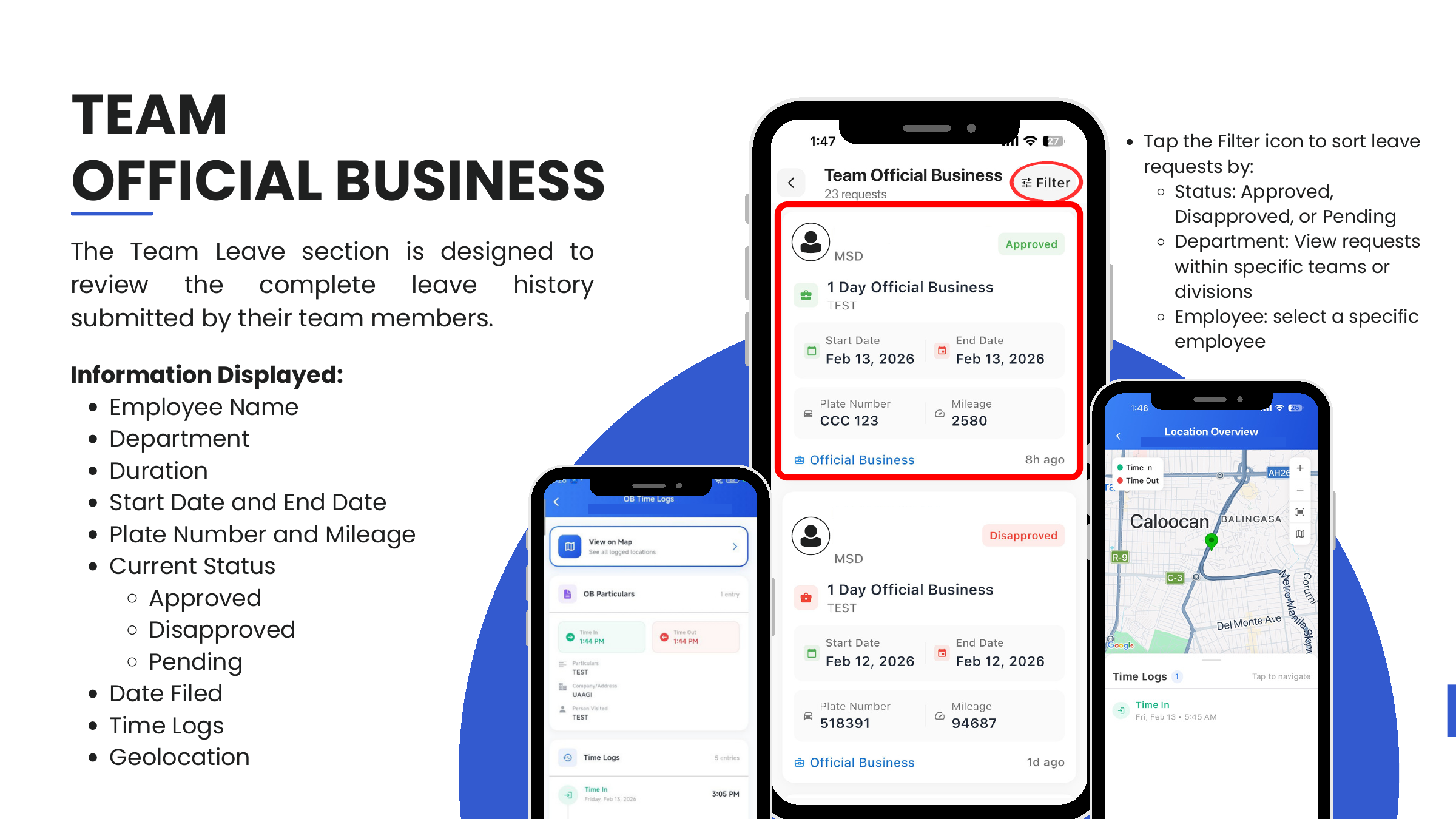 Team Official Business — OB time logs with View on Map and Location Overview
