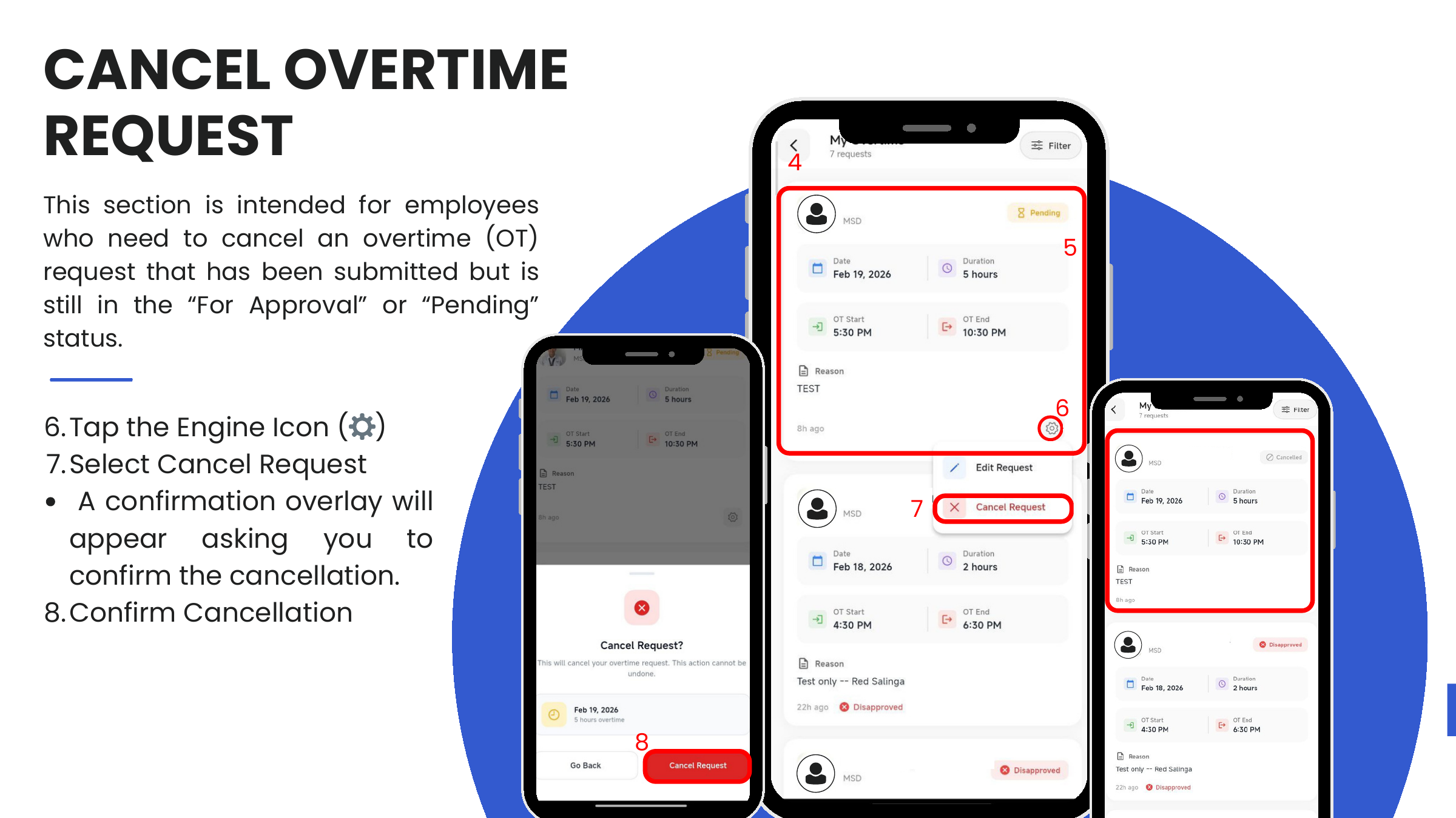 Cancel Overtime — gear icon → Cancel Request → confirm