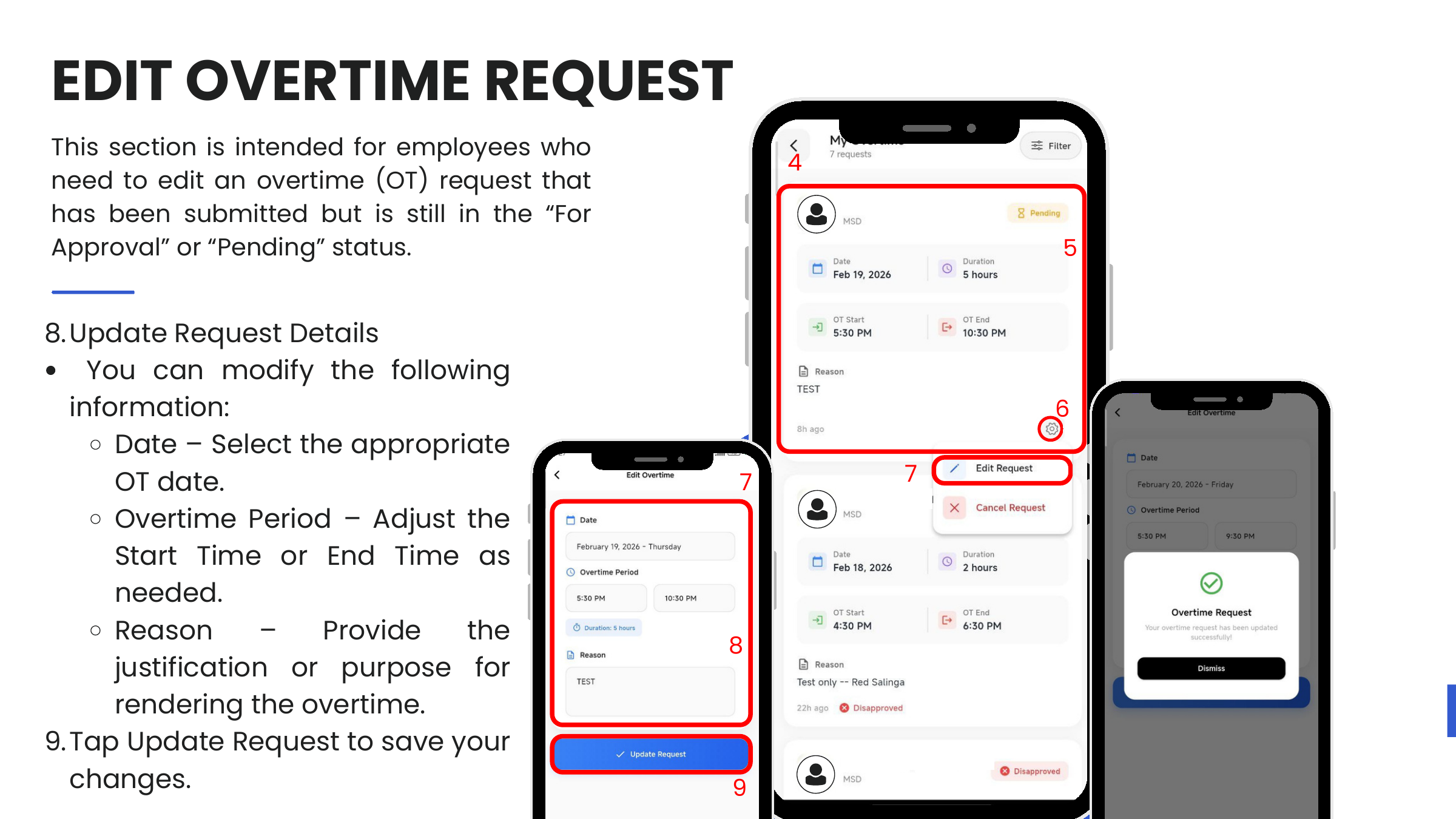 Edit Overtime flow — gear icon → Edit Request → Update Request