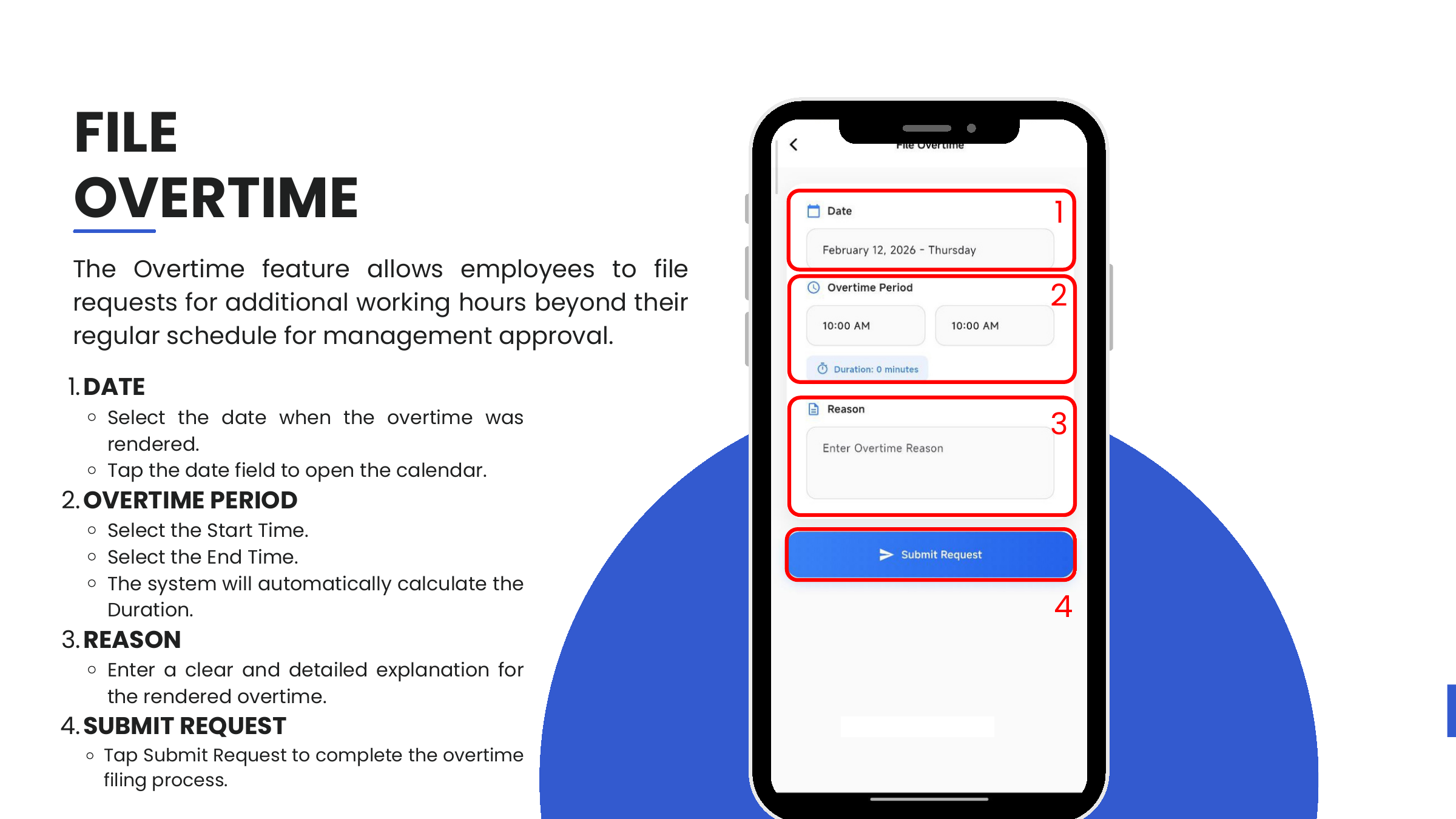 File Overtime form — Date, Overtime Period, Reason, Submit Request