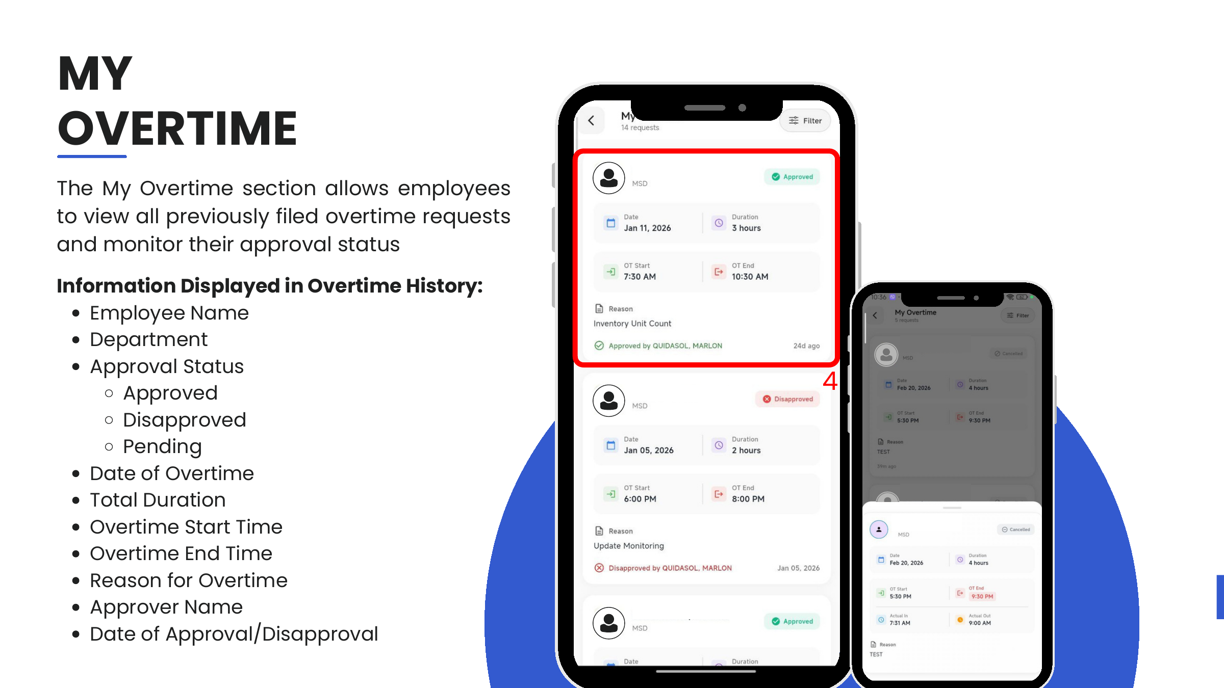 My Overtime — list with approved, disapproved, pending badges