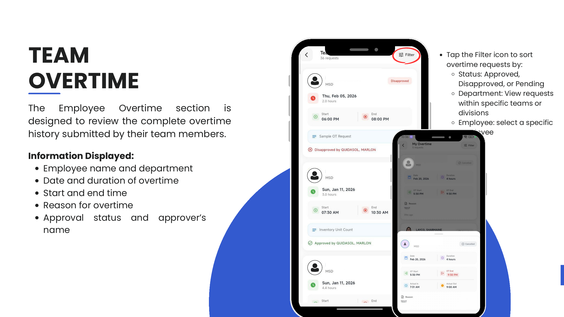 Team Overtime — filter by status, department, employee