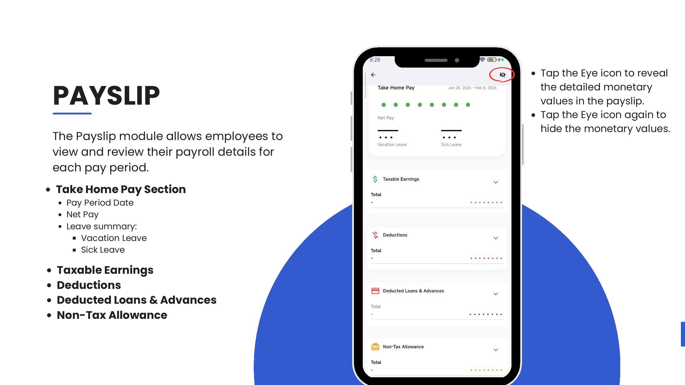 Payslip detail — Take Home Pay header, Taxable Earnings, Deductions, Loans, Non-Tax Allowance, eye toggle