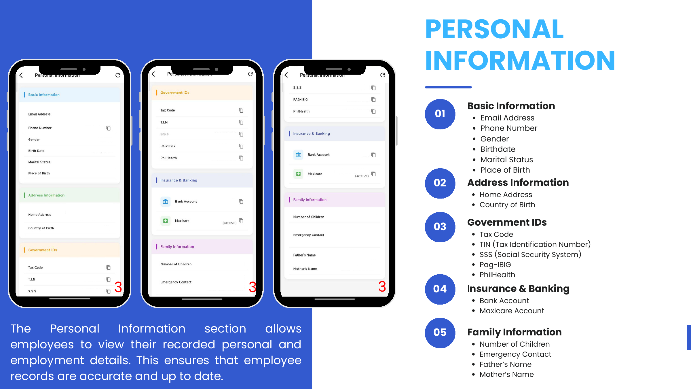 Personal Information — Basic, Address, Government IDs, Insurance &amp; Banking, Family sections