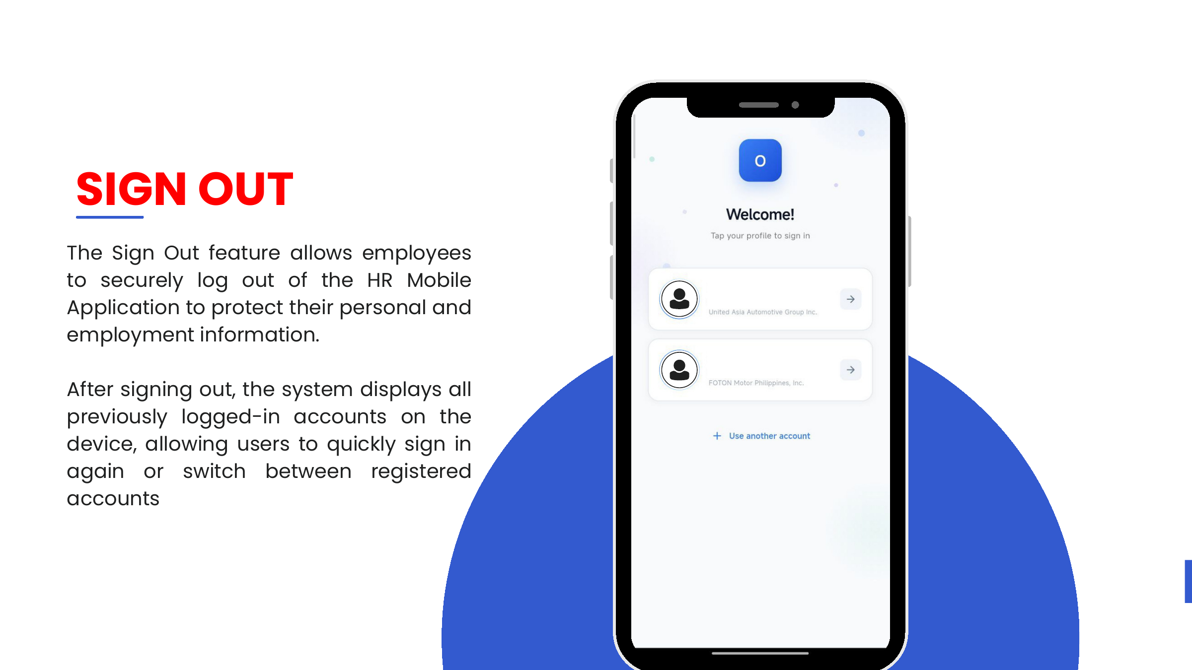 Sign Out — account switcher listing previously signed-in companies