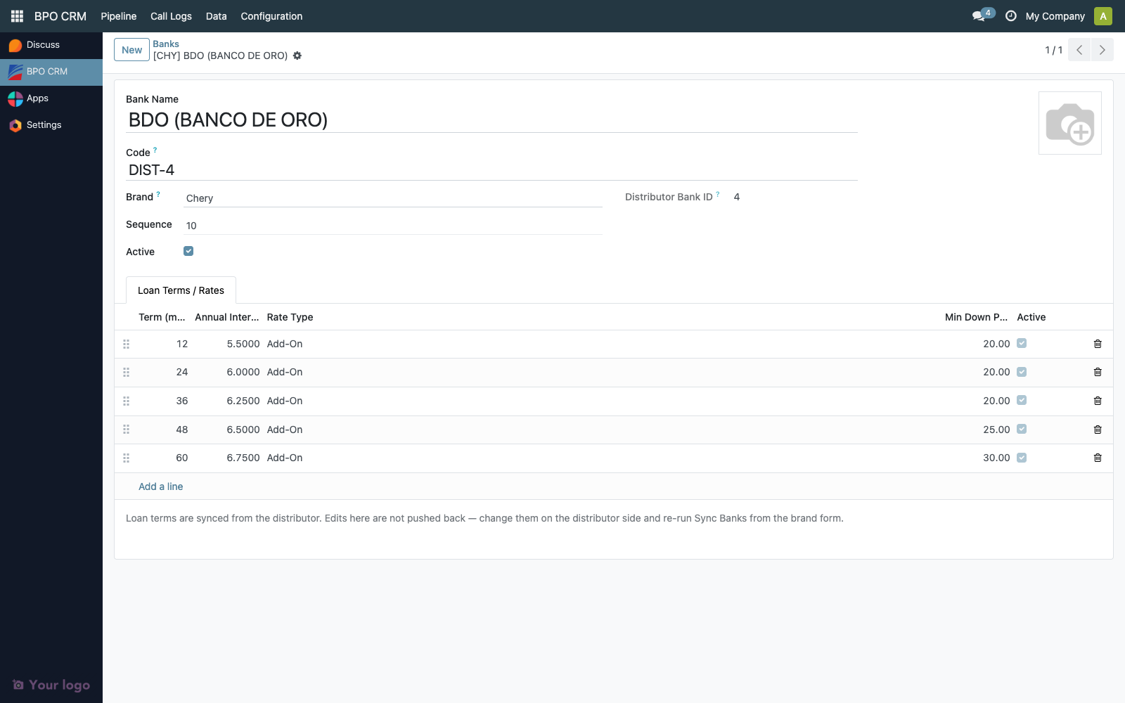 Bank form with embedded rates list