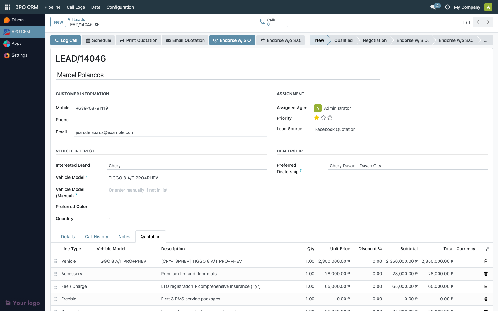 Financing block with bank loan selected