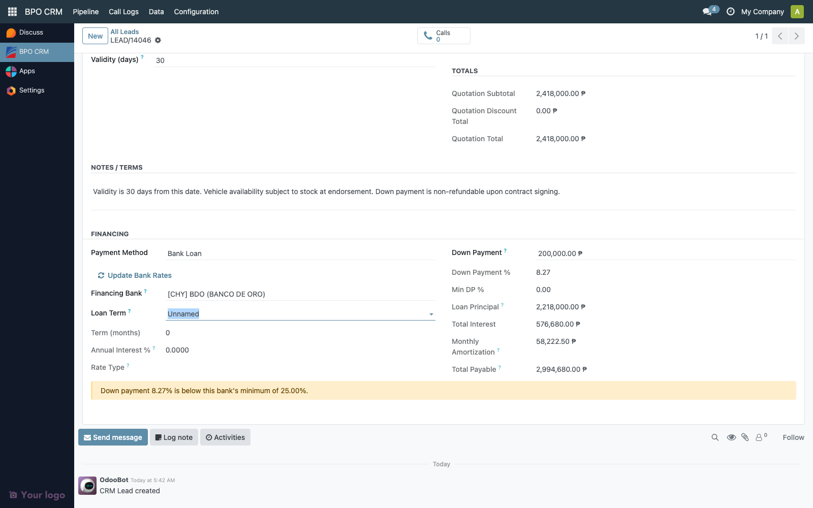 Loan Term dropdown on the quotation tab