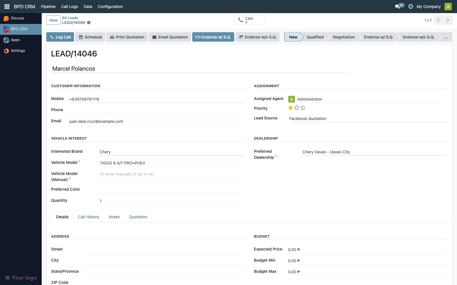 Print Quotation button on the lead header