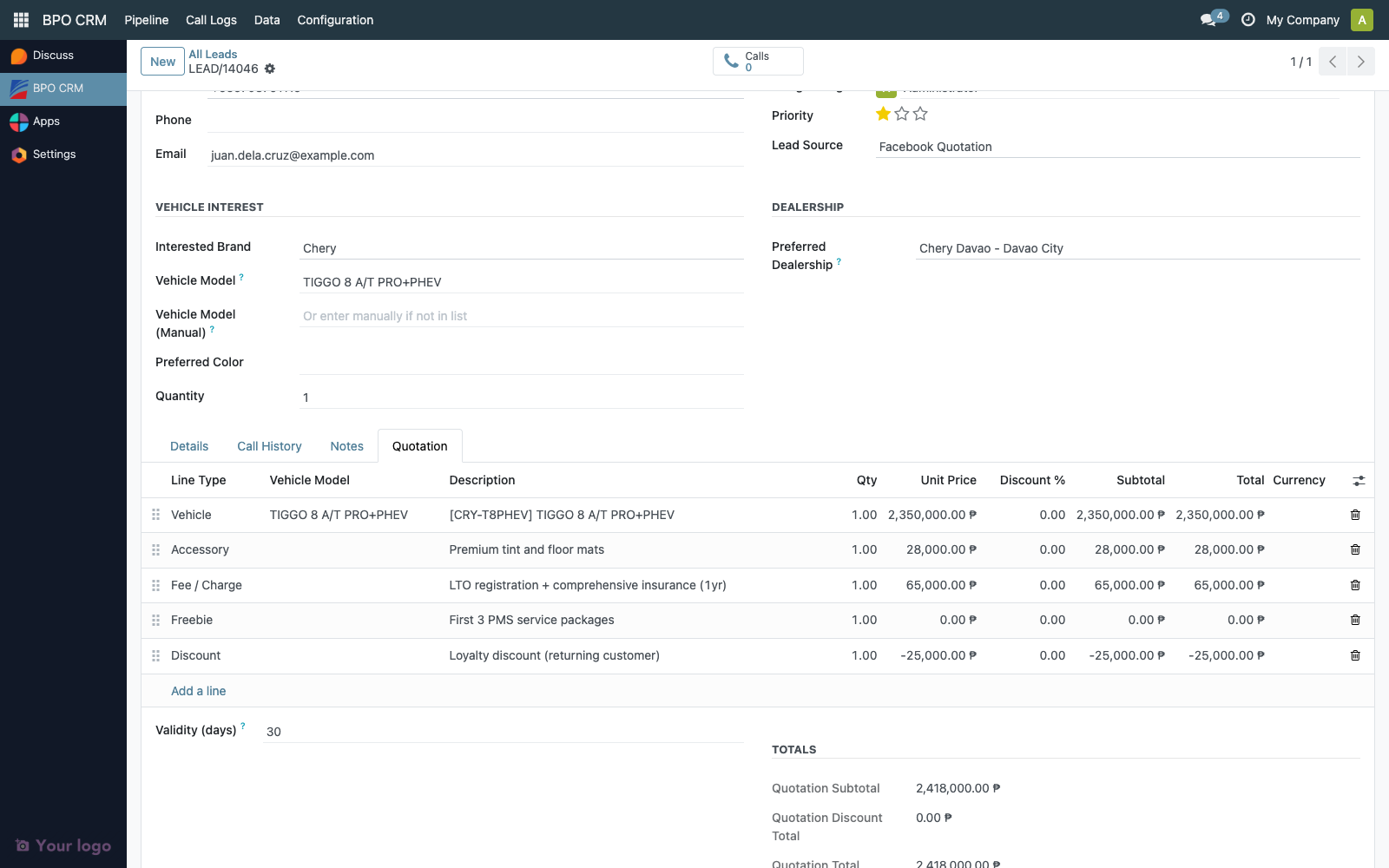 Quotation tab with line items and totals